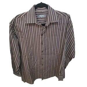 Kenneth Cole Reaction Mens Sz 32-33 Brown Striped Long Sleeve Button Down Shirt